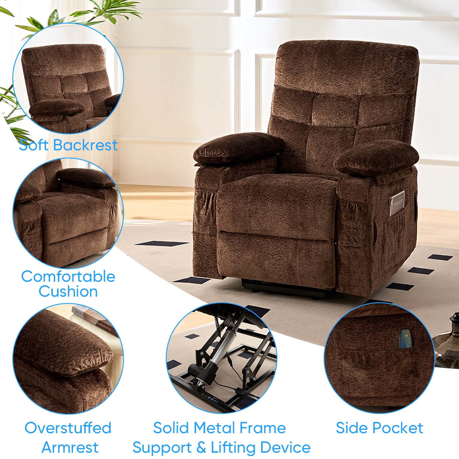 Puremind Dual Motor Power Lift Recliner Chair for Elderly, Electric Lift Recliner Single Sofa with Heating and Message for Living Room/Bedroom, Brown