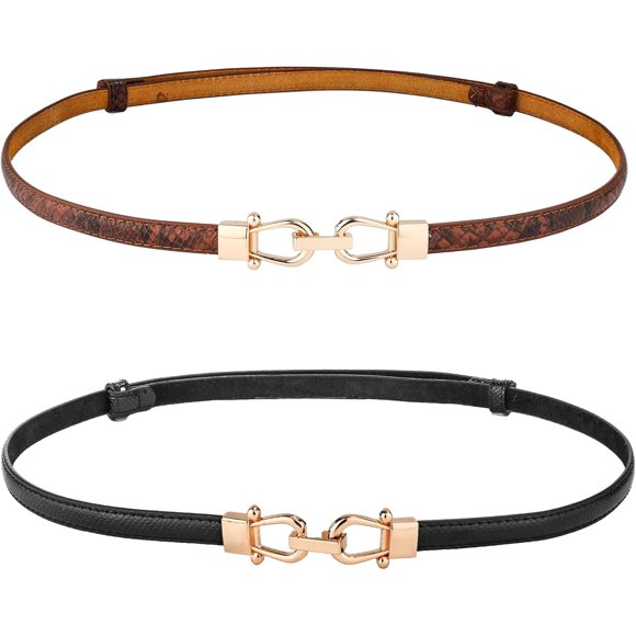 2pcs Skinny Waist Belt for Women, Adjustable Thin Waist Belts Stylish Leather Belt with Gold Buckle Skinny Leather Belt Women Skinny Belt for Shirts Dress (Black, Brown)