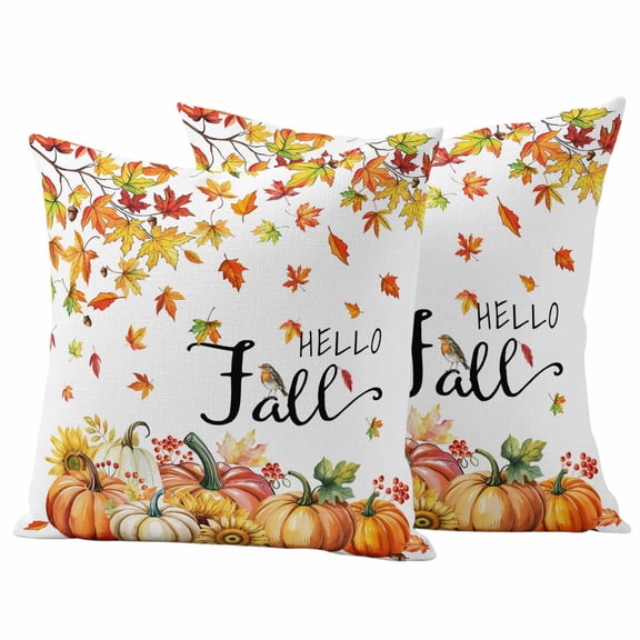 Outdoor Pillow Covers 16 x 16 Inches, Hello Fall Waterproof Throw Pillow Cover Set of 2, Orange Pumpkins Thanksgiving Maple Leaf Decorative Square Cushion Covers for Patio/Tent/Couch/Garden