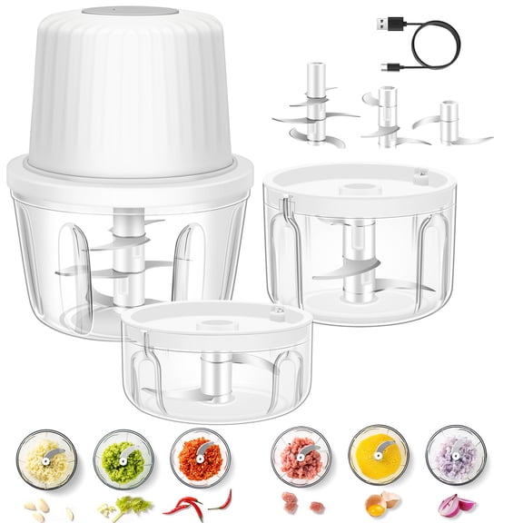Electric Garlic Chopper Set w/Multi 3 Bowl(350ml 250ml 100ml) | 6 3 2 Stainless Steel Blades, Portable Rechargeable Cordless Chopper for Onion, Chili, Ginger, Nuts, Meat & Fruits