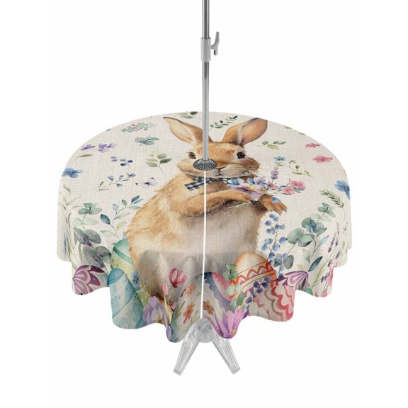 Outdoor Tablecloth with Umbrella Hole and Zipper, Bunny Easter Round Table Cloth 60 Inch Waterproof Tablecloth, Spring Floral Eggs Rabbits Rustic Picnic Table Cover for Patio Camping