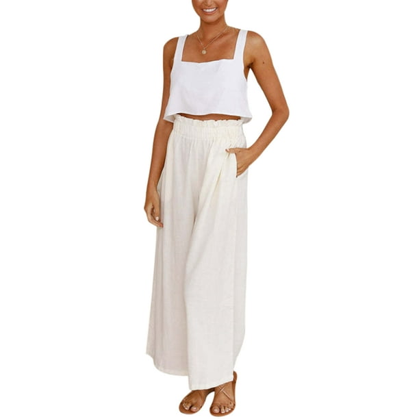 Aunavey Womens Linen Pants Wide Leg High Waisted Flowy Beach Crop Pants