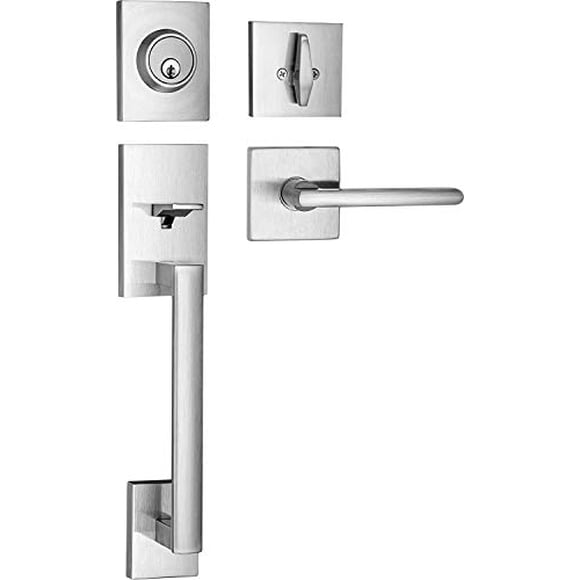 Berlin Modisch Poignée de Porte avant Poignée d'Entrée et Ensemble de Pêne Dormant Mince Carré Pêne Dormant à Cylindre Simple et Levier Réversible pour Portes Côté Droit et Gauche Robuste – Fini Nickel Satiné