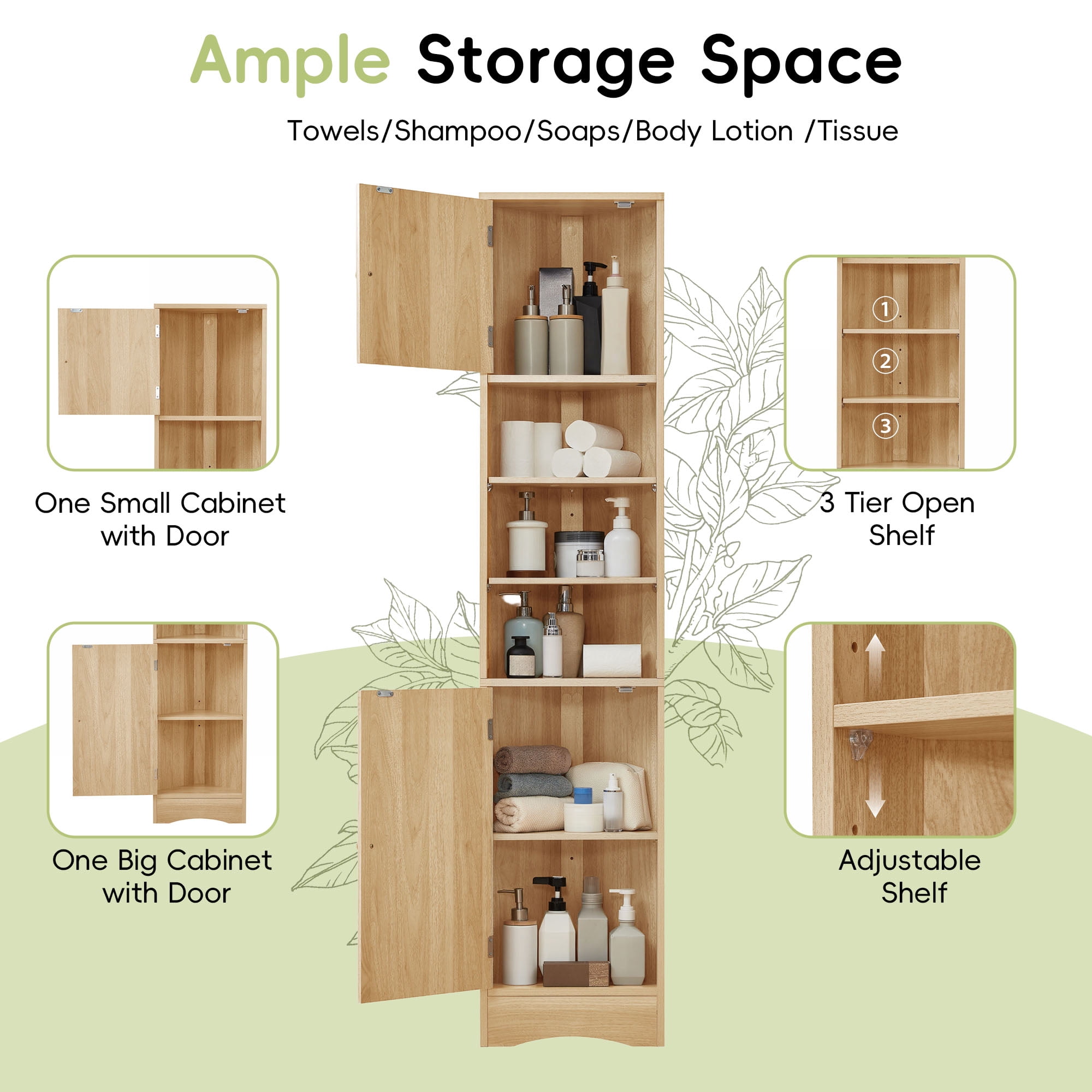 Leumius Multi-Functional Corner Bathroom Storage Cabinet with Two Doors, Adjustable Shelves, Open Shelf, Triangle Space-Saving Design, Natural Finish