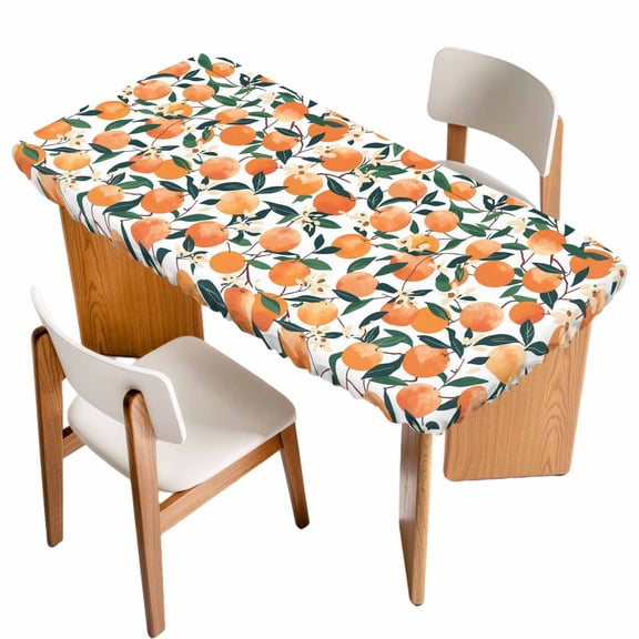 Orange Table Cloths for 5 Foot Rectangle Tables, Summer Botanical Leaves Watercolor Patio Waterproof Elastic Fitted Tablecloths, Washable Rectangular Table Cover for Camping