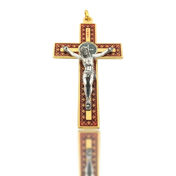 3" Gold-Tone St. Benedict Crucifix with Filigree and Red Enamel Inlays