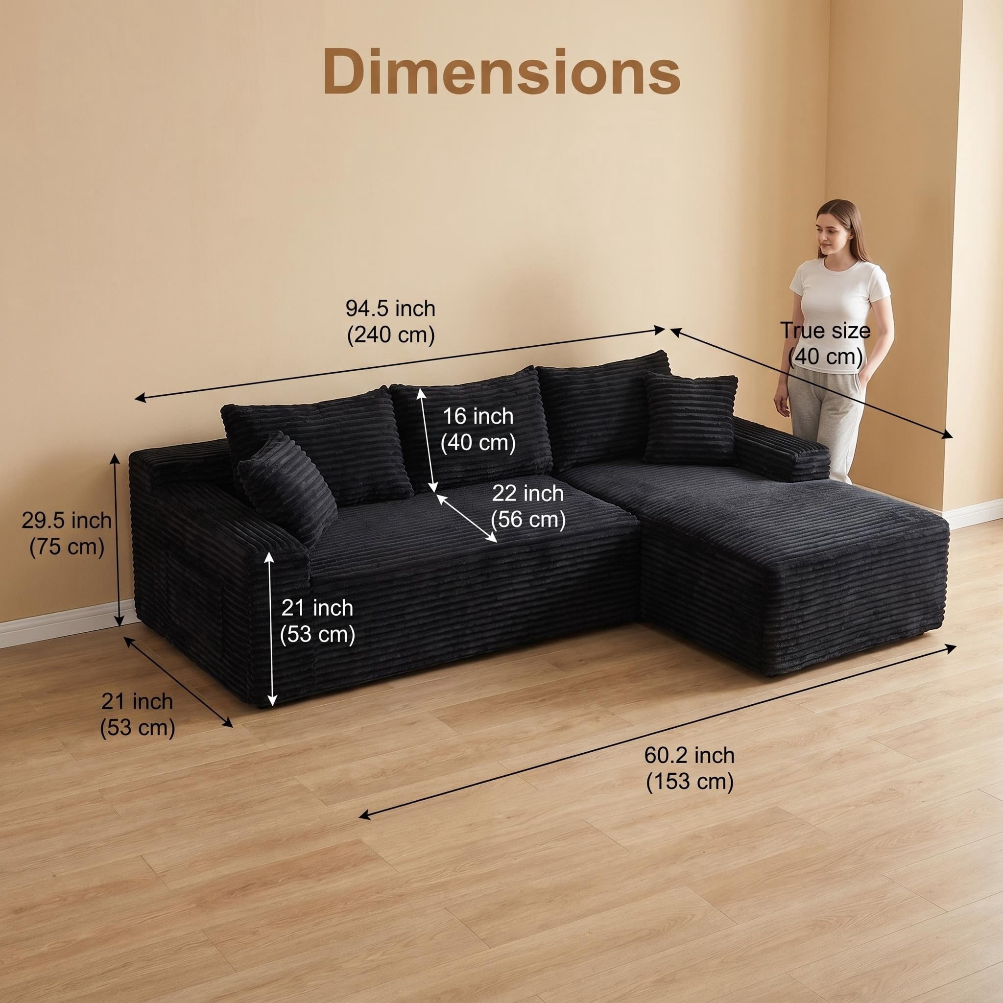 avobird 94.5" Cloud Modular Sectional Sofa Couch with Left Side L-Shape Chaise,Modern Corduroy Upholstered Couches for Living Room Bedroom,Deep Seat Corner Couch, Black