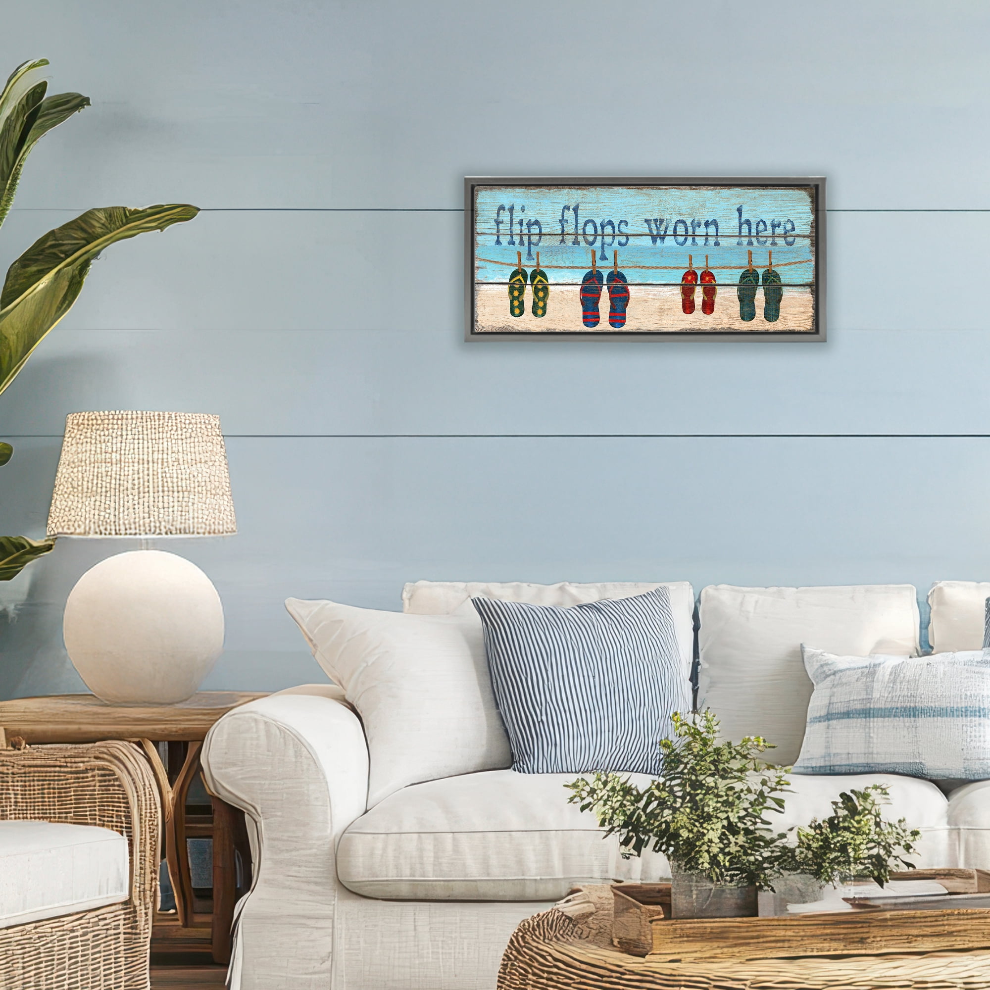 Stupell Industries Flip Flops Worn Here Gray Framed Floater Canvas Wall Art, design by Gail Fraser