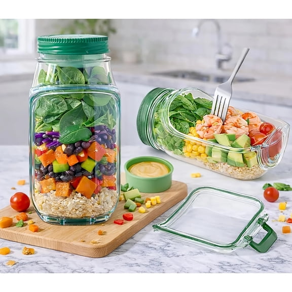 Portable Leak-Resistant Salad Jar with Dressing Cup and Fork