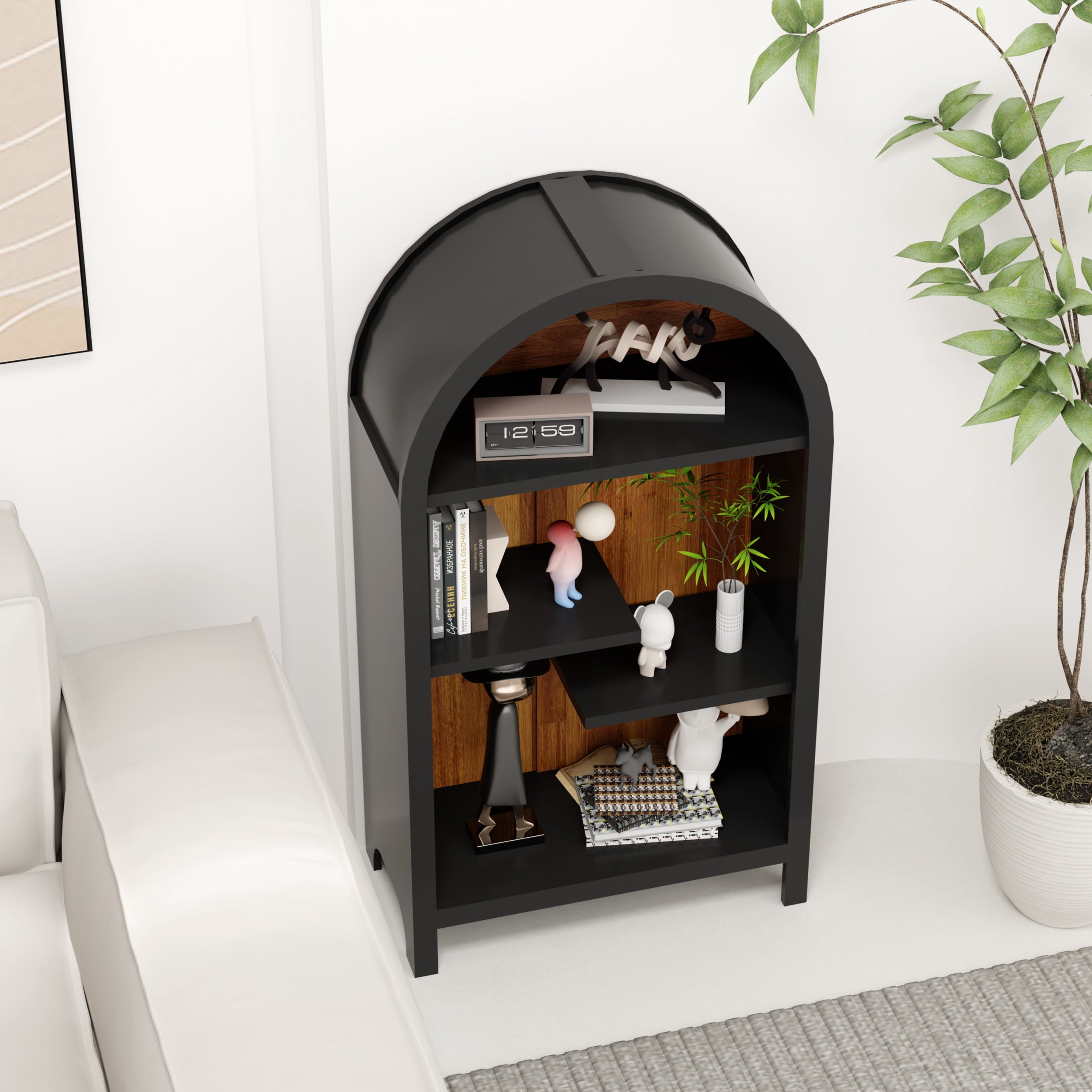 Noble House 4-Tier Arched Top Display Cabinet, Freestanding Accent Display Rack, Black