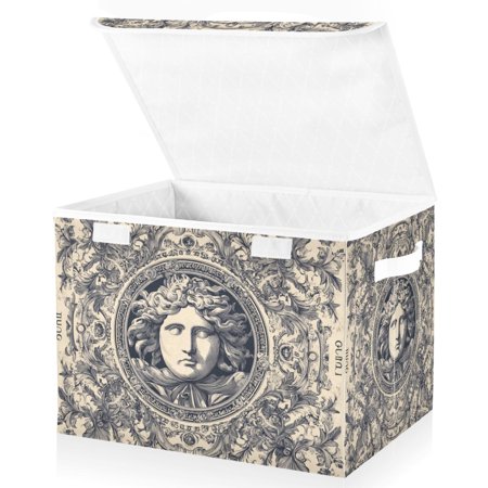 Foldable Fabric Storage Bin With Handle Collapsible Basket Box Storage With Lid Organizer Floral Motifs in Grey
