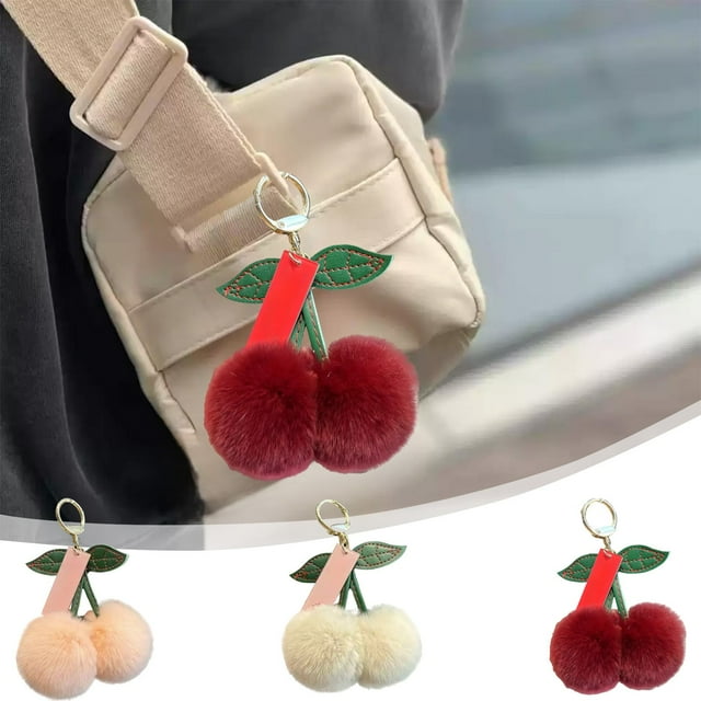 Llavero de Peluche de Cereza con Hebilla de Metal - Colgante Decorativo Suave para Mochila, Ideal para Llaves | Carteras | Regalos - Rojo | Rosa | Blanco - 1 Unidad