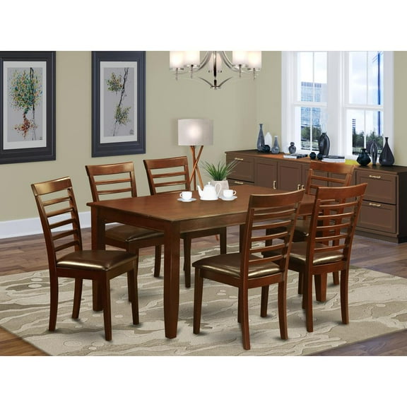 East West Furniture Dudley 7-piece Dining Set with Leather Chairs in Mahogany