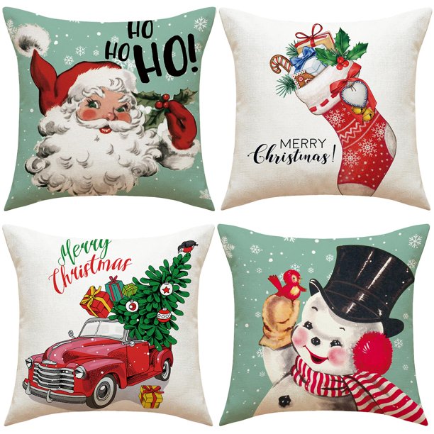 4 piezas Funda de cojín navideña 45x45 cm, funda de almohada navideña, funda de almohada de lino y algodón navideña, funda de almohada decorativa navideña, funda de almohada navideña C