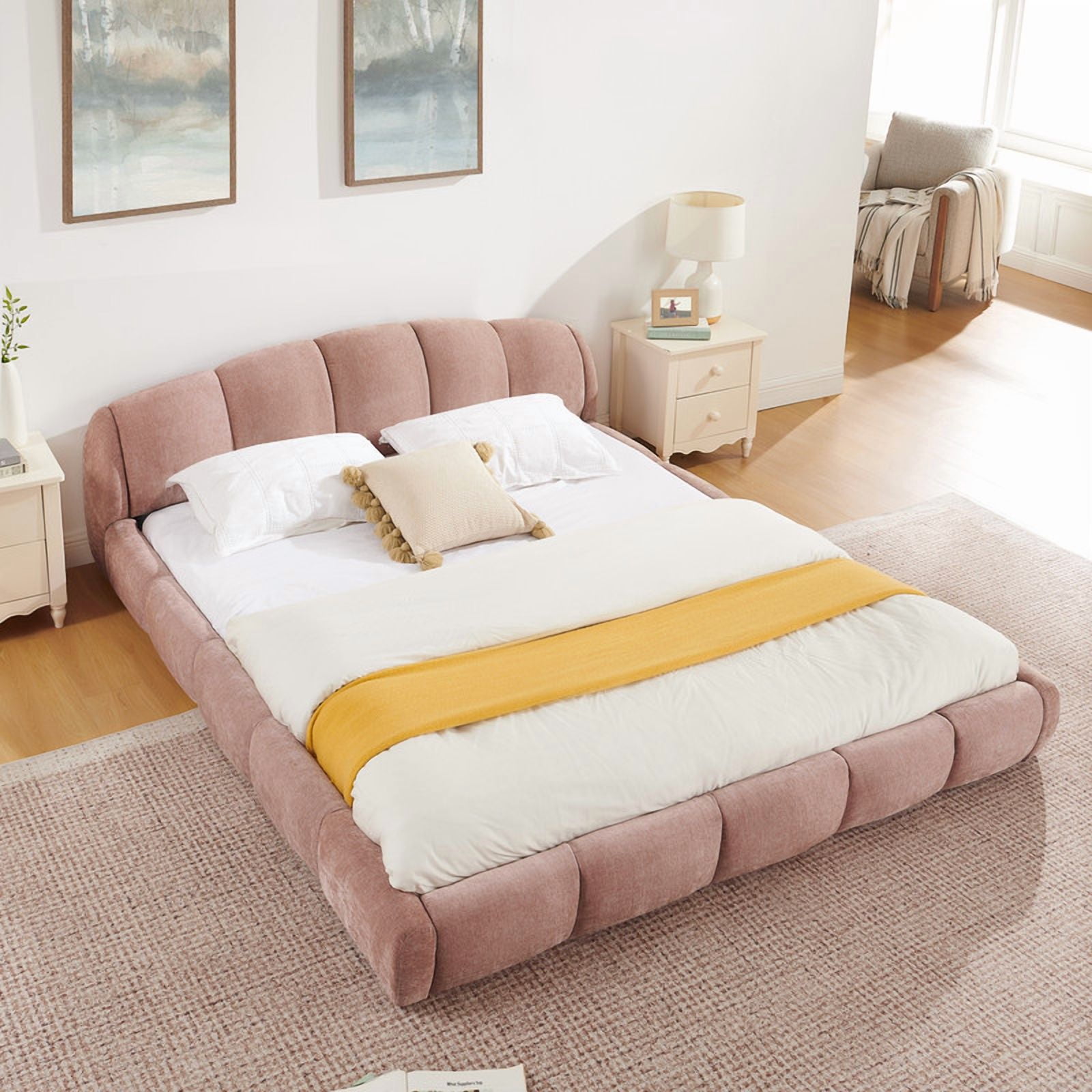 Queen/King Size Upholstered Platform Bed Frame, No Box Spring Required Low Profile Floor Bed with Padded Headboard & Footboard