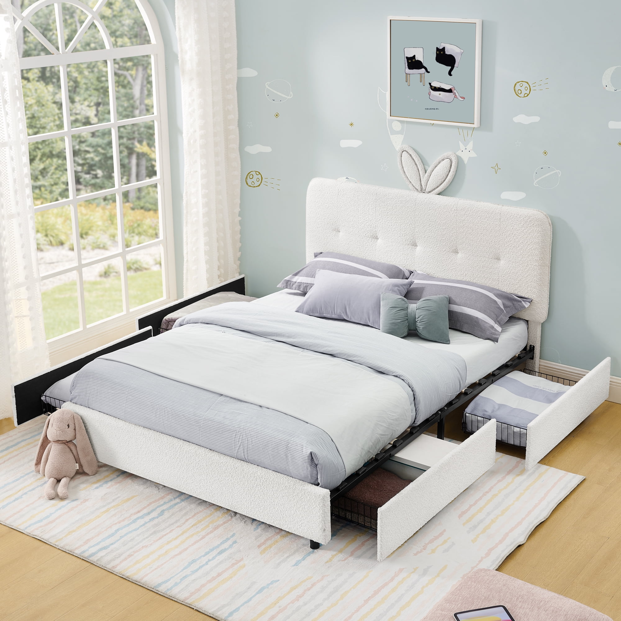 Mintazer Full Upholstered Kids Bed with Oversized Rabbit Ear Headboard, Boucle Fabric Platform Bed with LED Headboard & 4 Storage Drawers, Beige
