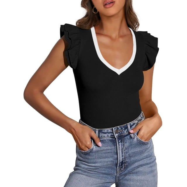 Remera PRETTYGARDEN Mujer Cuello en V con Volados Sin Mangas Ajustada Negra Talle L