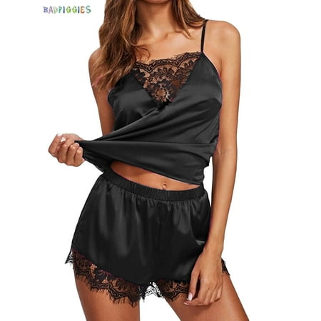 BadPiggies Women Ladies Satin Pajama Cami Set Silky Lace Nightwear Sexy 2 Piece Lingerie Babydoll Sleepwear (2XL  Black)