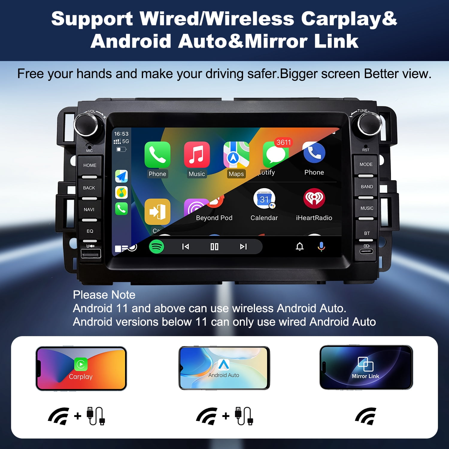 Car Stereo Radio for Chevrolet Silverado Tahoe GMC Sierra Yukon 2007-2013, Android 13 Touchscreen with Wireless Carplay Android Auto GPS Navigation AM FM AHD Backup Camera Type-C PD Charging(4G+64G)