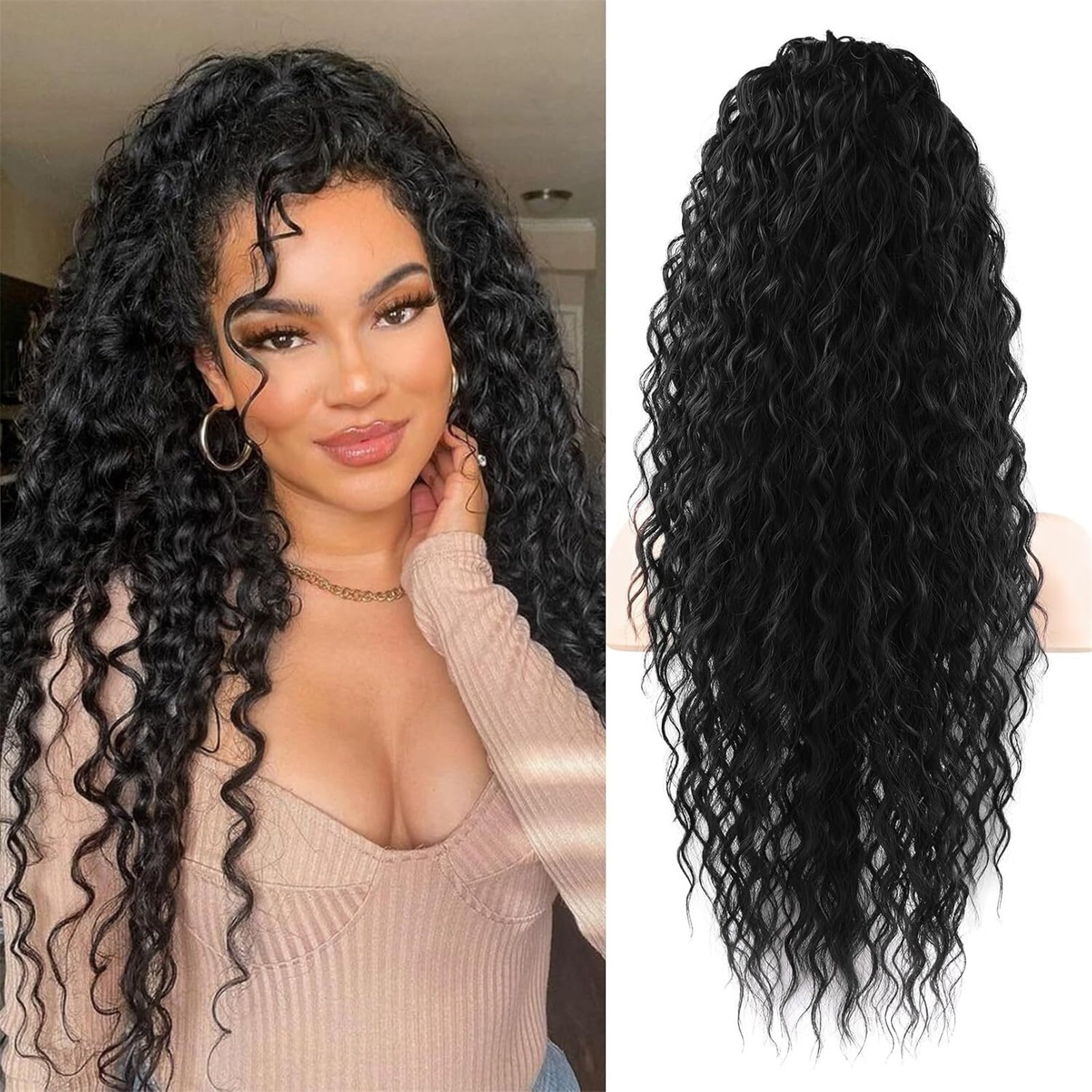 #1B Deep Wave Drawstring Ponytail Natural Black Curly Clip In Hair Extensions 100% Human Hair Ponytail