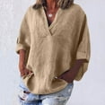 thumbnail image 2 of Wyobmus Womens Loose Fit Linen Shirts 3/4 Sleeve Summer T-Shirt 2025 Trendy Criss Cross V Neck Beach Vacation Blouse S-3X Khaki, 2 of 5