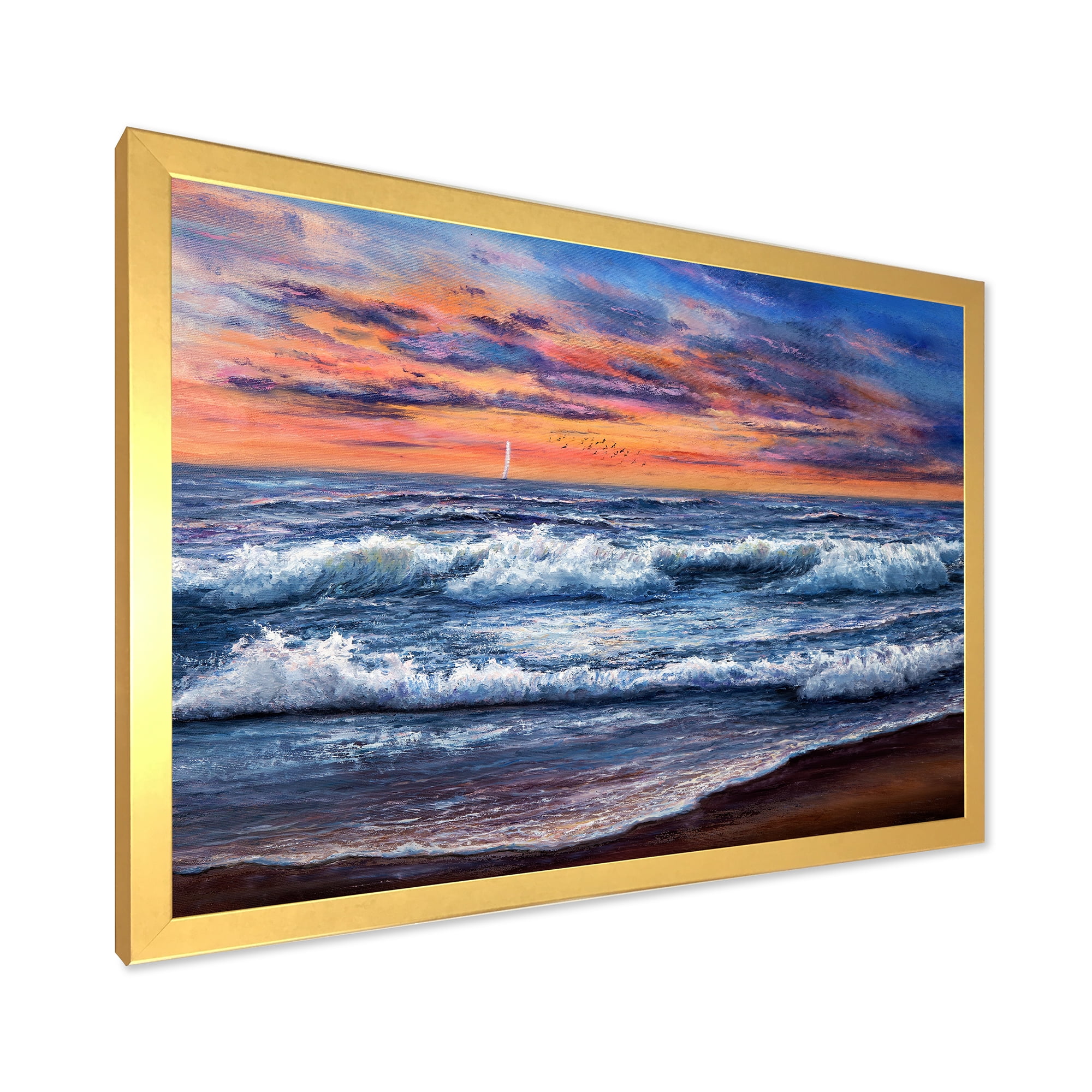 Designart 'The Blue Ocean In Sunset Evening II' Nautical & Coastal Framed Art Print