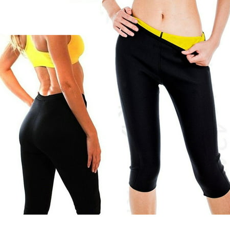 Neoprene Body Shaper Weight Loss Pants Capri Shorts for Weight Loss Womens Slimming Pants Sweat Sauna Thermo Pant FREE Eyeglass Pouch by Juniper's Secret. (Black/Yellow, Small-US