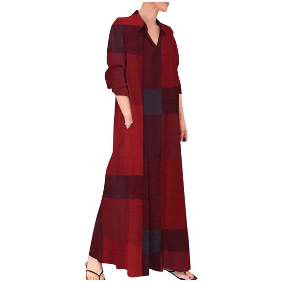 QUNYINEY Linen Womens Spring Dresses A Line Long Sleeve Red Long Dresses Button Collared Loose Fit with Pockets Shirt Dress