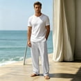 thumbnail image 6 of Dwellite Cotton Linen Pants for Men Casual Drawstring Loose Fit Summer Beach Pants Lightweight Trousers with Pockets White 3XL, 6 of 6