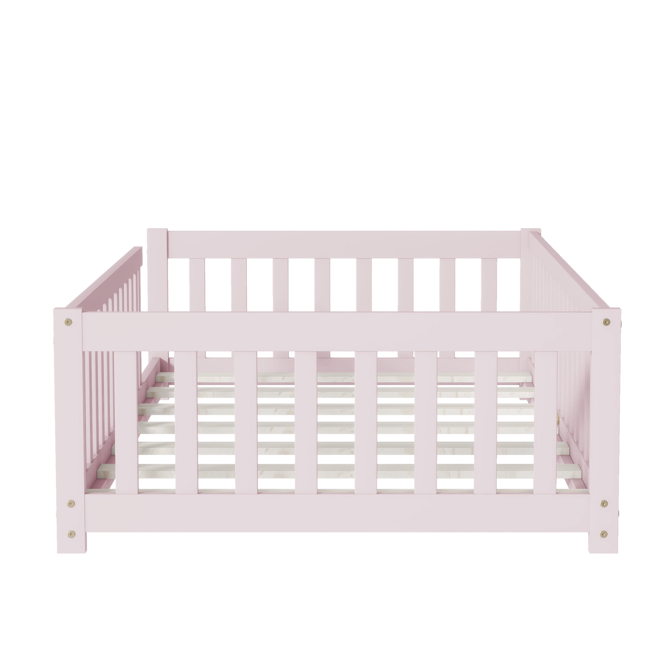 Noble House Nira Twin Size Floor Bed with High Fence, Sturdy Rubber Wood Montessori Bed, Kid's Room, Pink
