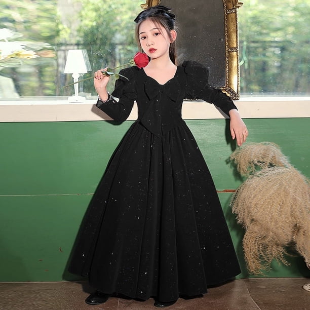 Vestido de manga larga para niñas Vestido rojo para año nuevo para niñas pequeñas Vestido para niñas pequeñas de flores Vestido para actuación de piano en bodas