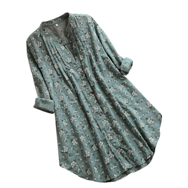 Gibobby Camisas Para Mujer Elegantes Blusa estampada con cuello en V Camiseta floral de manga larga Tops casuales Blusa plisada para mujer(Verde, M)