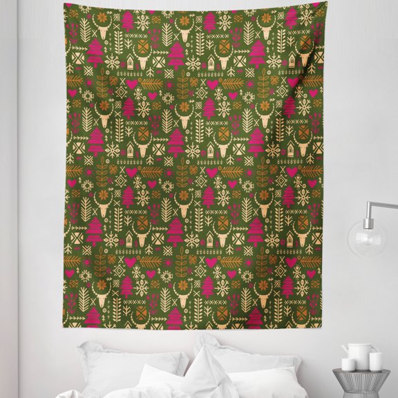 Bohemian Art Tapestry, Rustic Themed Arrow Pine Tree Ethnic on Green Brown Background, Fabric Wall Hanging Decor for Bedroom Living Room Dorm, 5 Sizes, Magenta Peach and Ginger, by Ambesonne