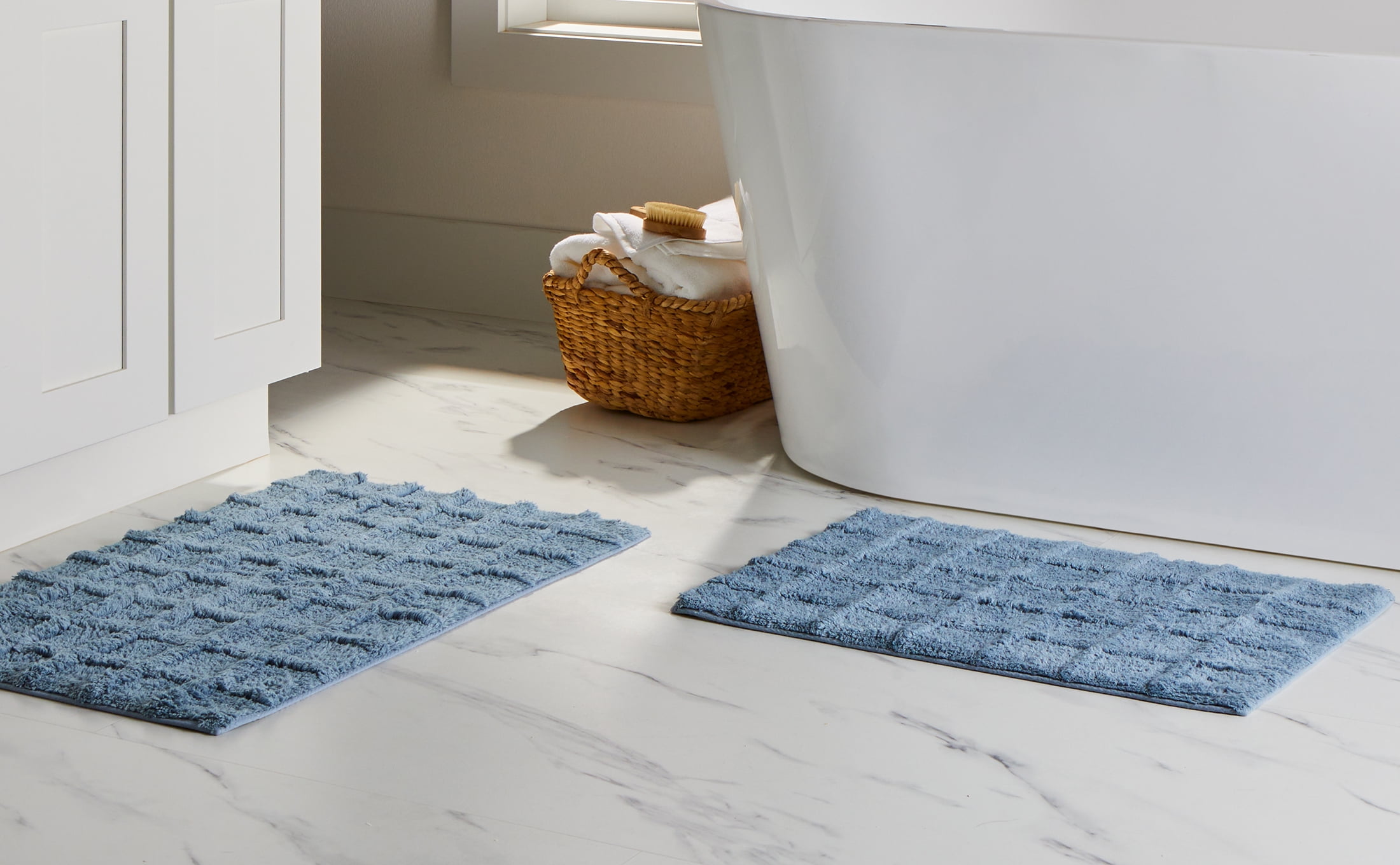 Better Homes & Gardens Spa Grid Bath Rug Set, 2 Piece, Blue Silver, 17" x 24" & 20" x 30"
