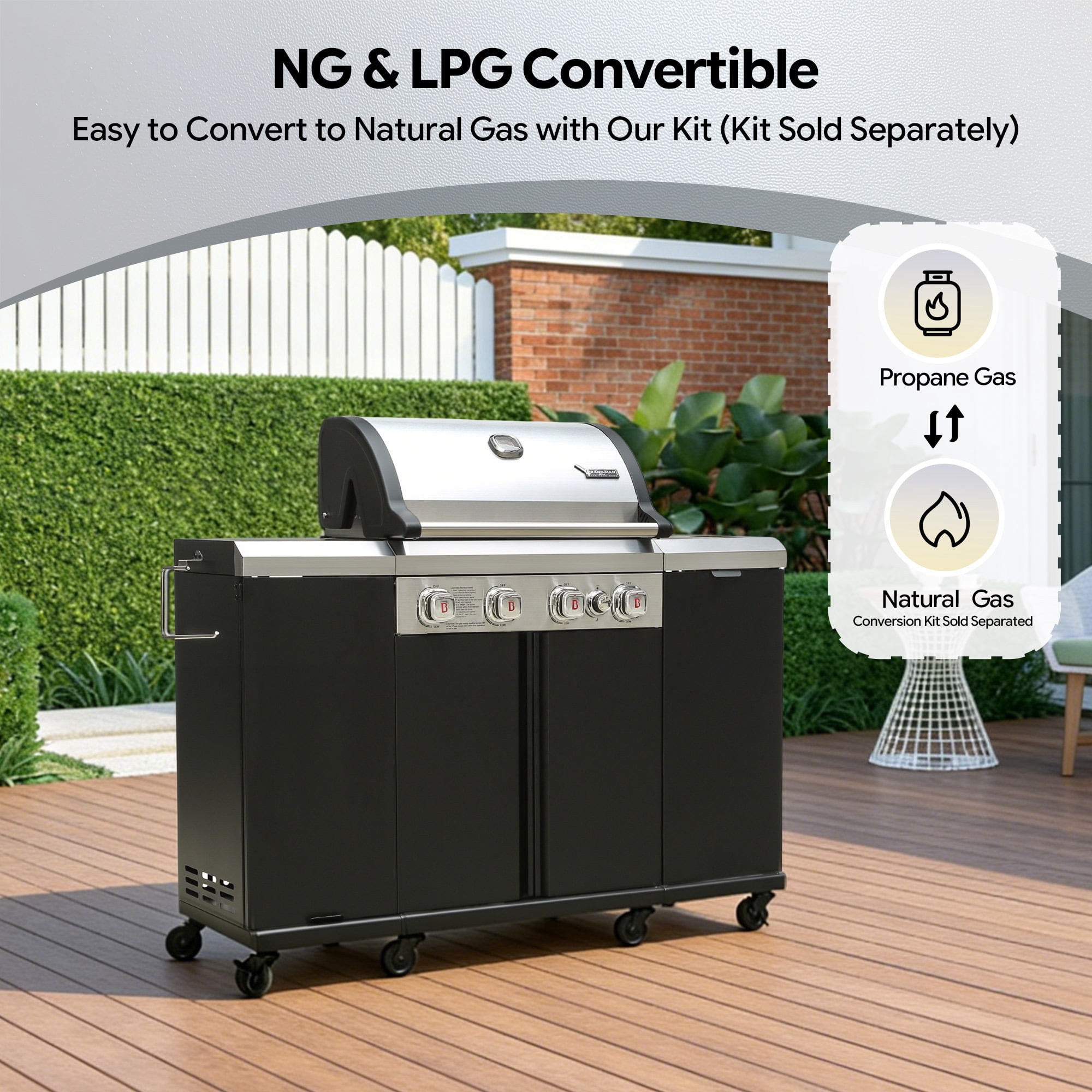 Brand Man 4-Burner Outdoor Gas Kitchen Grill Island with Side Burner, BBQ Station with Storage Cabinets and Fold-out Prep Table, LPG/NG Convertible