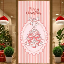 ANGFENG Pink Christmas Tree Door Cover, Coquette Xmas Grandmillennial Decoration Doorway Door Curtains Banners Backdrop Background Decor for Indoor Outdoor, Winter Party Decorations