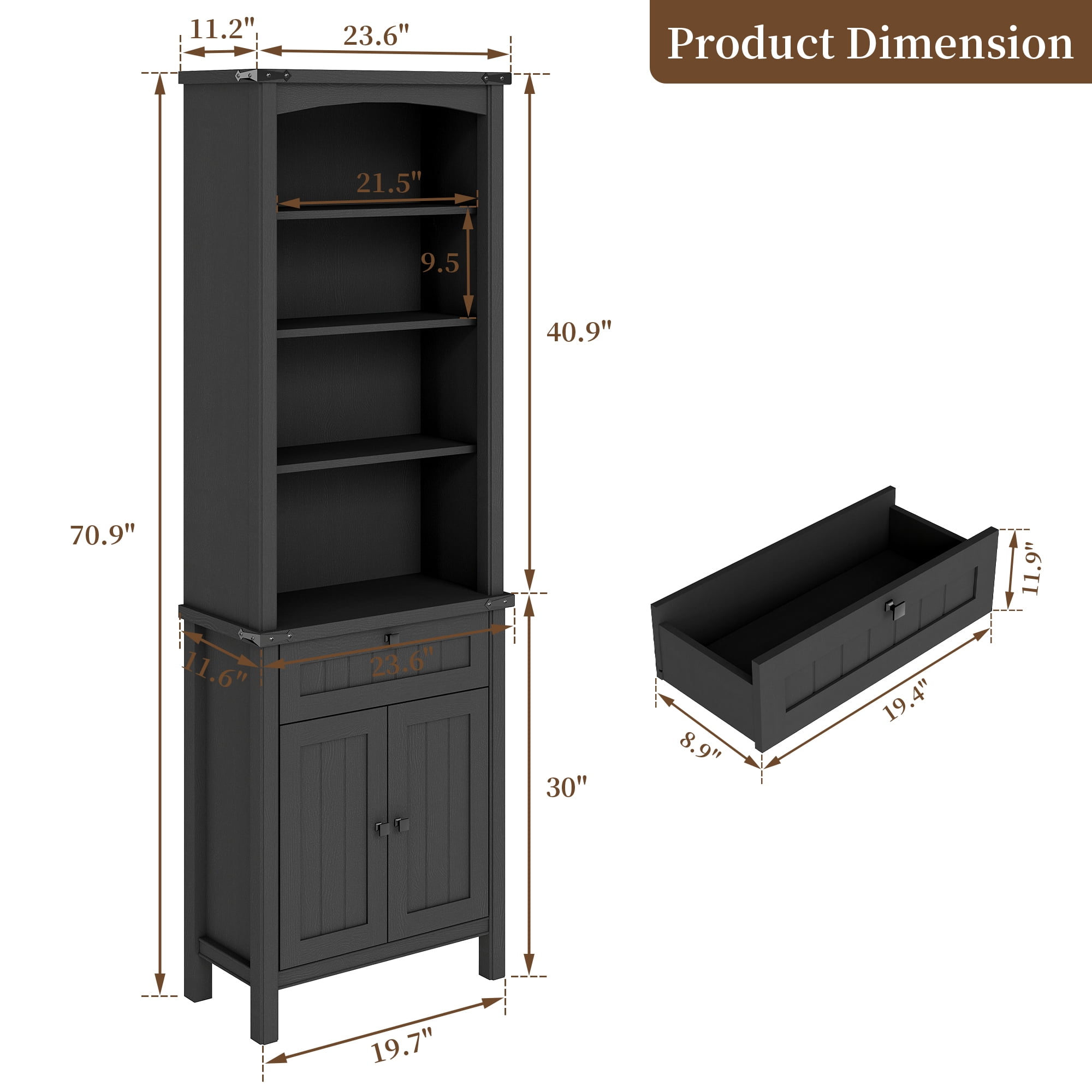 FIAKOA 3 PC Home Office Desk Set, Executive Office Desk Set with Charging Station & Bookshelf Set , Black