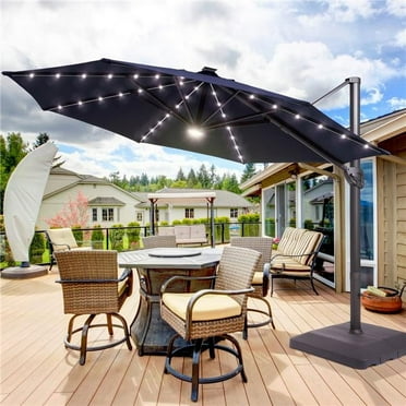 SANLUCE UN-SM-23BL 11 ft. Solar LED Round Aluminum Cantilever Outdoor Umbrellas with Base Stand in Navy Blue