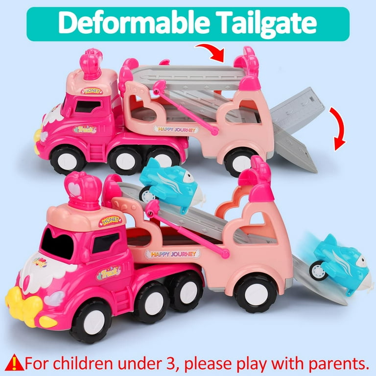 Toddler Car Toys for 1 2 3 4 Year Old Girl Birthday Gifts 5-in-1 Pink  Princess Transport Carrier Trucks for Toddlers 1-3 with Lights & Music  Little