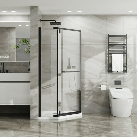 Topcobe 36" D X 36" W X 72" H Frameless Shower Door Corner Shower Enclosure with Tempered Glass Pivot Shower Door, Glass Shower Door, Walk In Shower Kit, Bathroom Glass Door, Matte Black Finish