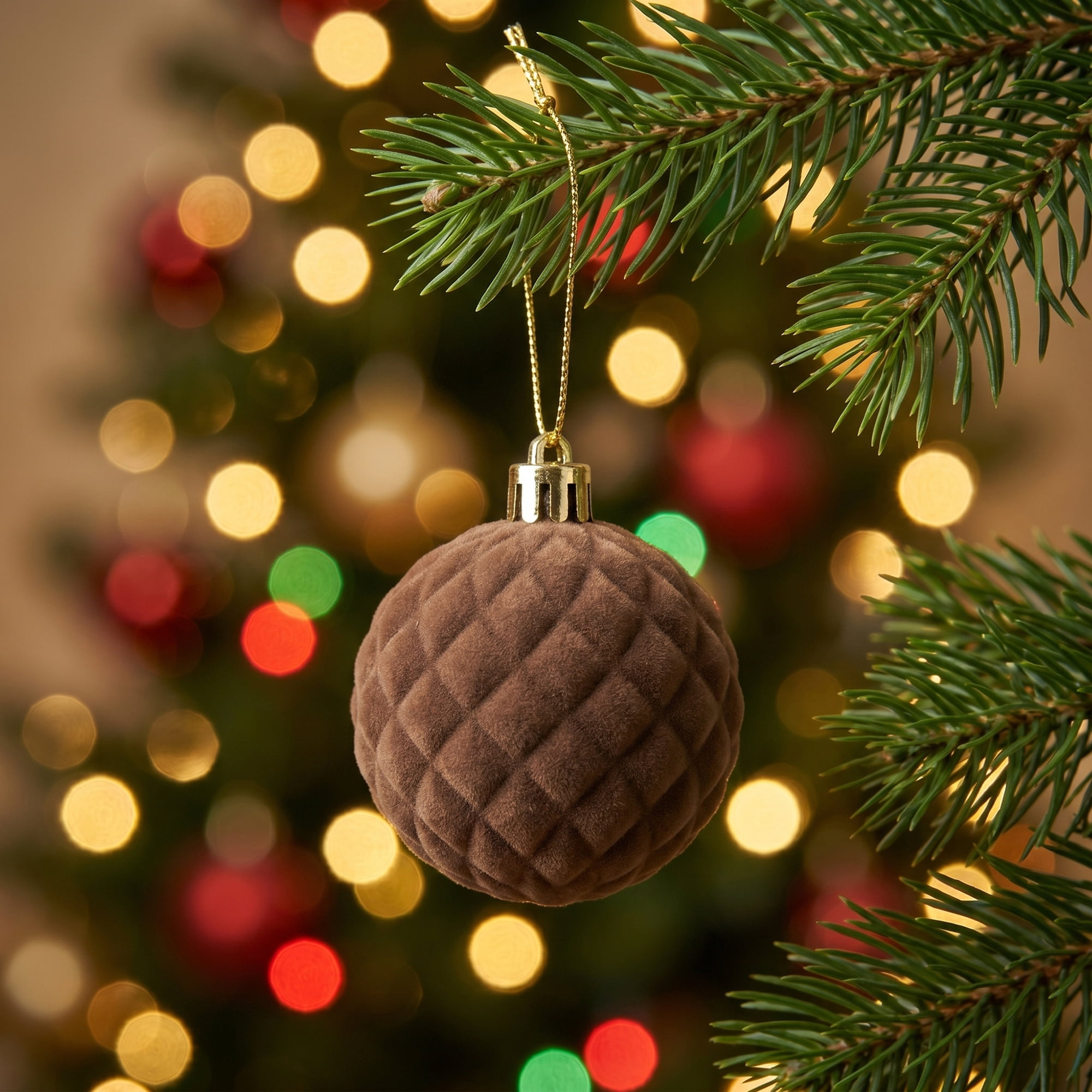 Unique Bargains Velvet Christmas 12 Pack Flocked Sphere Orbs Luxury Ornaments Coffee 2.4"
