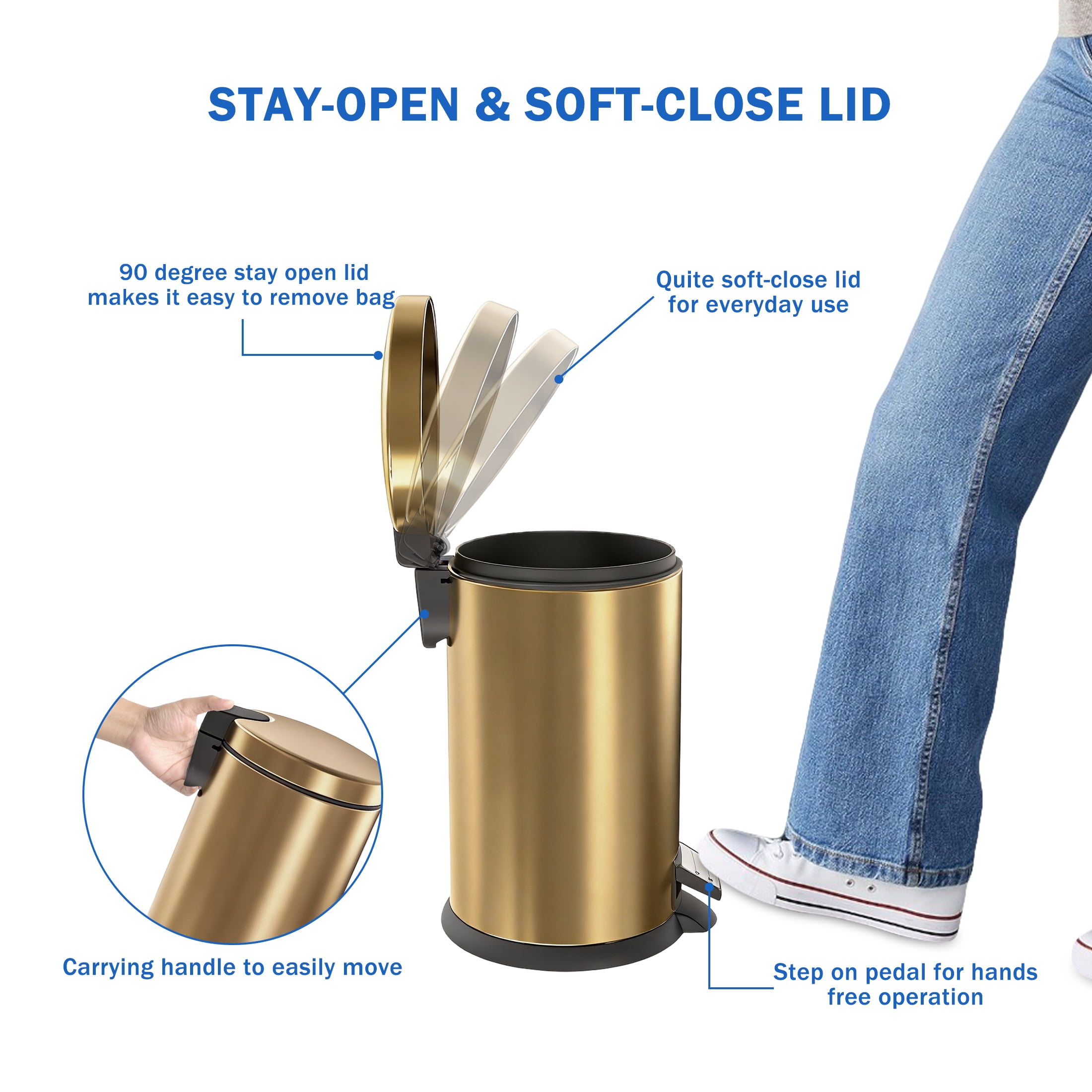 Koomade 2 Pack Bathroom Trash Can, 1.3 Gallon Stainless Steel Step Garbage Bin with Lid, Gold