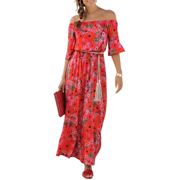 LASCANA Women's Off Shoulder Printed Maxi Dress