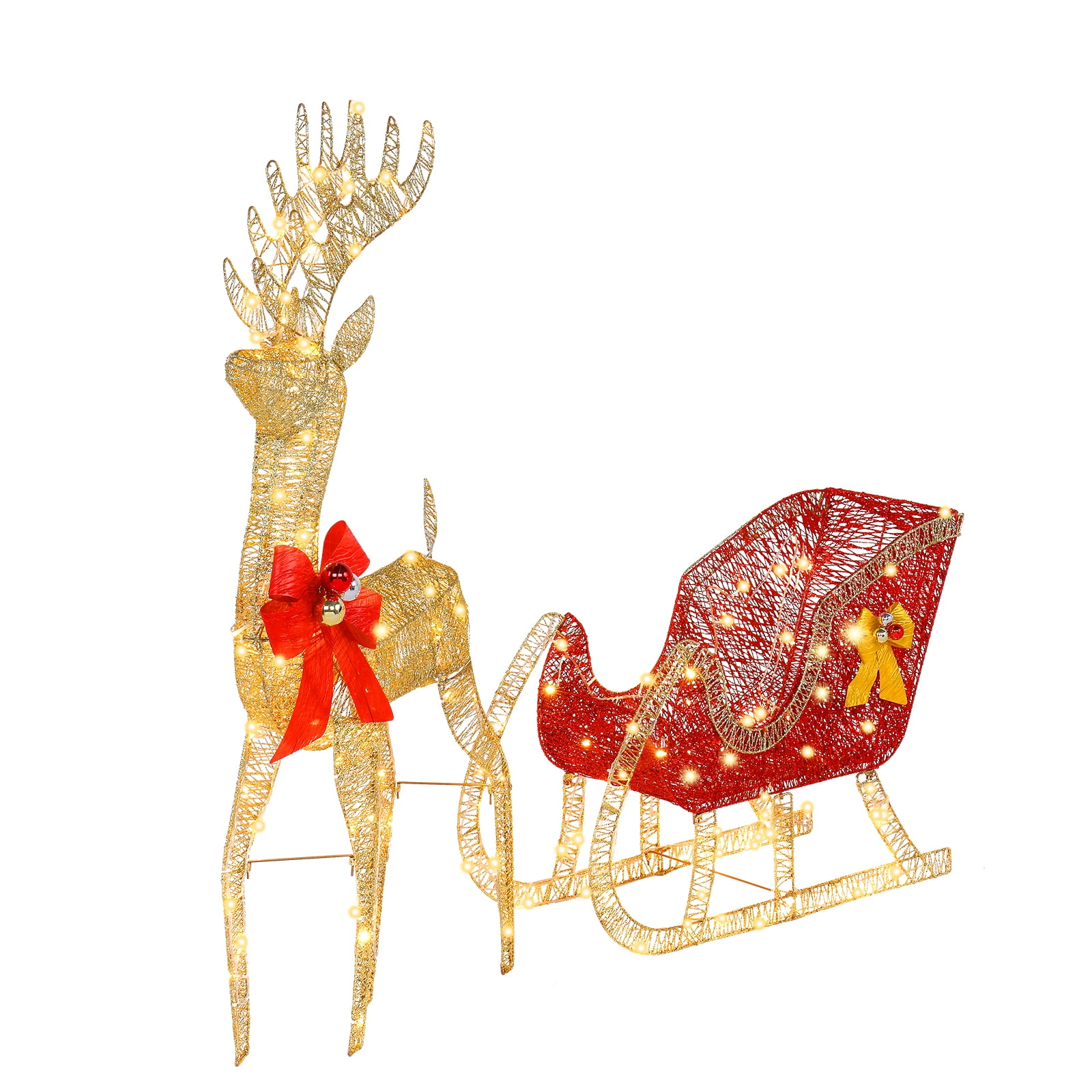 VINGLI Large Lighted Reindeer and Sleigh Outdoor Christmas Decor with