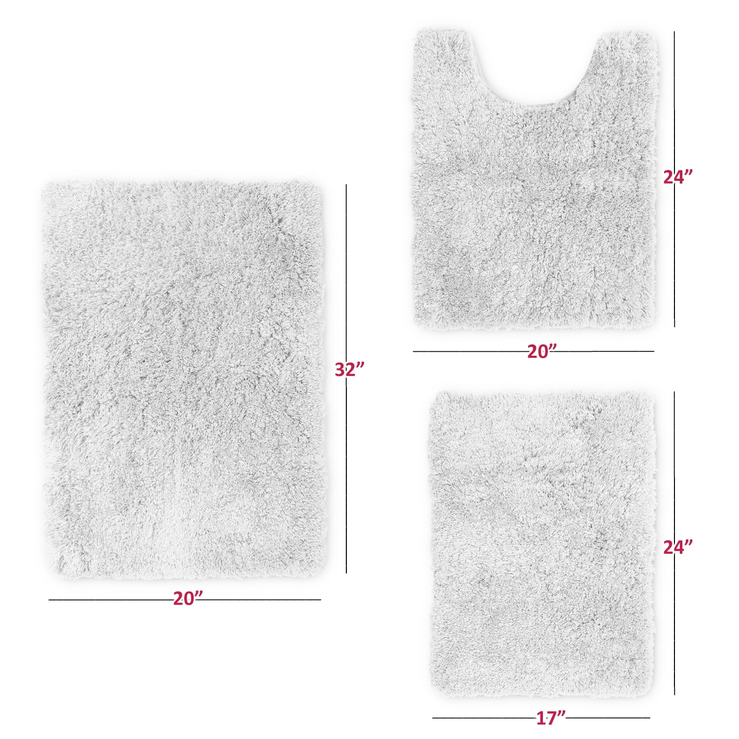 Clara Clark Set of 3 Shaggy Bath Rug with Non-Slip Backing Rubber - Machine Washable Super Soft Bathmat - Plush Absorbent Bathroom Rug, Small Large and Contour, White