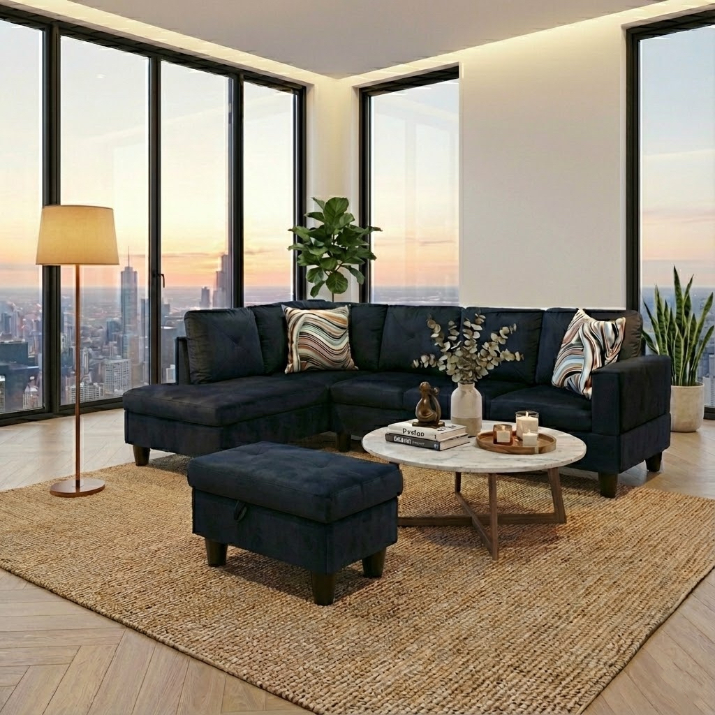 Prilinex Modern Living Room Furniture Sets, Modular Sectional Couches with Chaise Lounge, 4-Seaters L Shape Sofa with Storage Ottoman,3-Piece Sofa Set, Microfiber, Midnight Blue