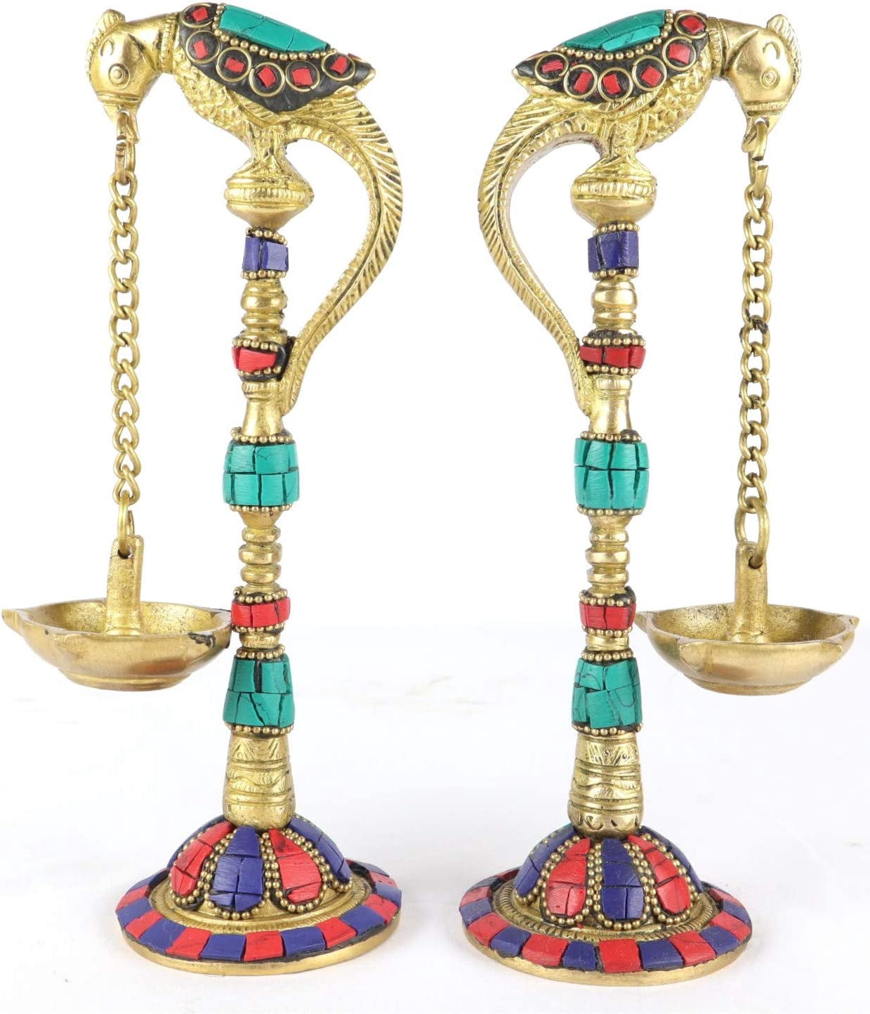 ASHIRWAD Brass 7.5 Inches Samaideep, Oil Lamp, Diya Hanging from Beak of Parrot, Kuthu Vilakku, Home Decor, Smai Deep (Stone Finish)