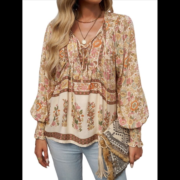 Blusa Informal con Cuello en V para Mujer, Holgada, con Estampado Floral, de Larga, para Playa. Albaricoque M