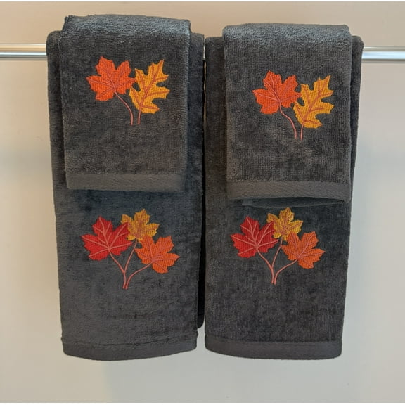 Serafina Home Thanksgiving Harvest Guest Hand & Fingertip Bathroom Bundle 4 Pc Set - Plush Grey/Gray Cotton Embroidered Colorful Leaves- 16 x 25, 12 x 18 Autumn Bath Home Decor