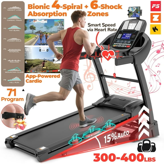 15% Auto Incline Treadmill 5.1HP for Home, Folding Treadmill w/ 300LB Capacity, Dual HiFi Speaker, App Control w/ Virtual Running, 64+7 Programs, 6 Point Shock-absorbing Cushions, Portable Treadmill
